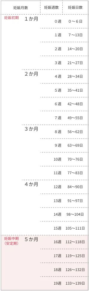 妊娠週数表・日数表